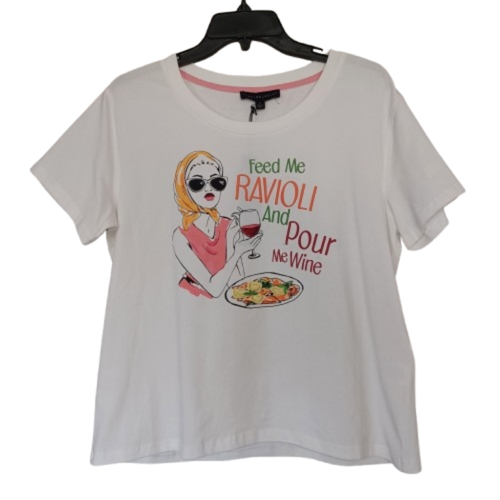 JANE DELANCEY Ravioli & Wine Trendy White Graphic Tee Casual Crewneck Tshirt Top